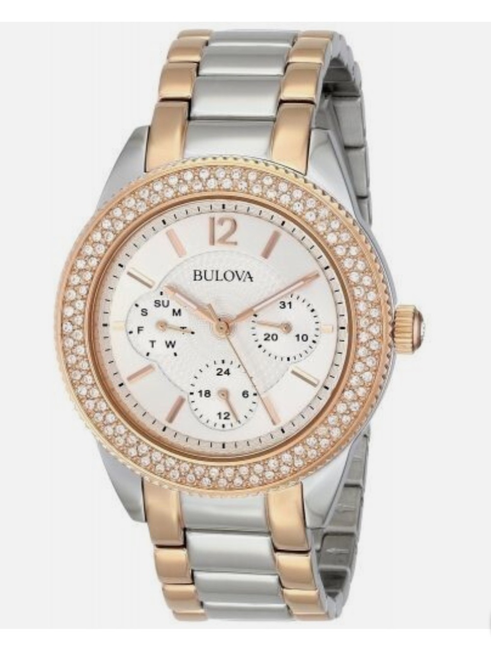 Bulova Two-Tone Rose Gold and Silver Crystal Bezel Women's Watch